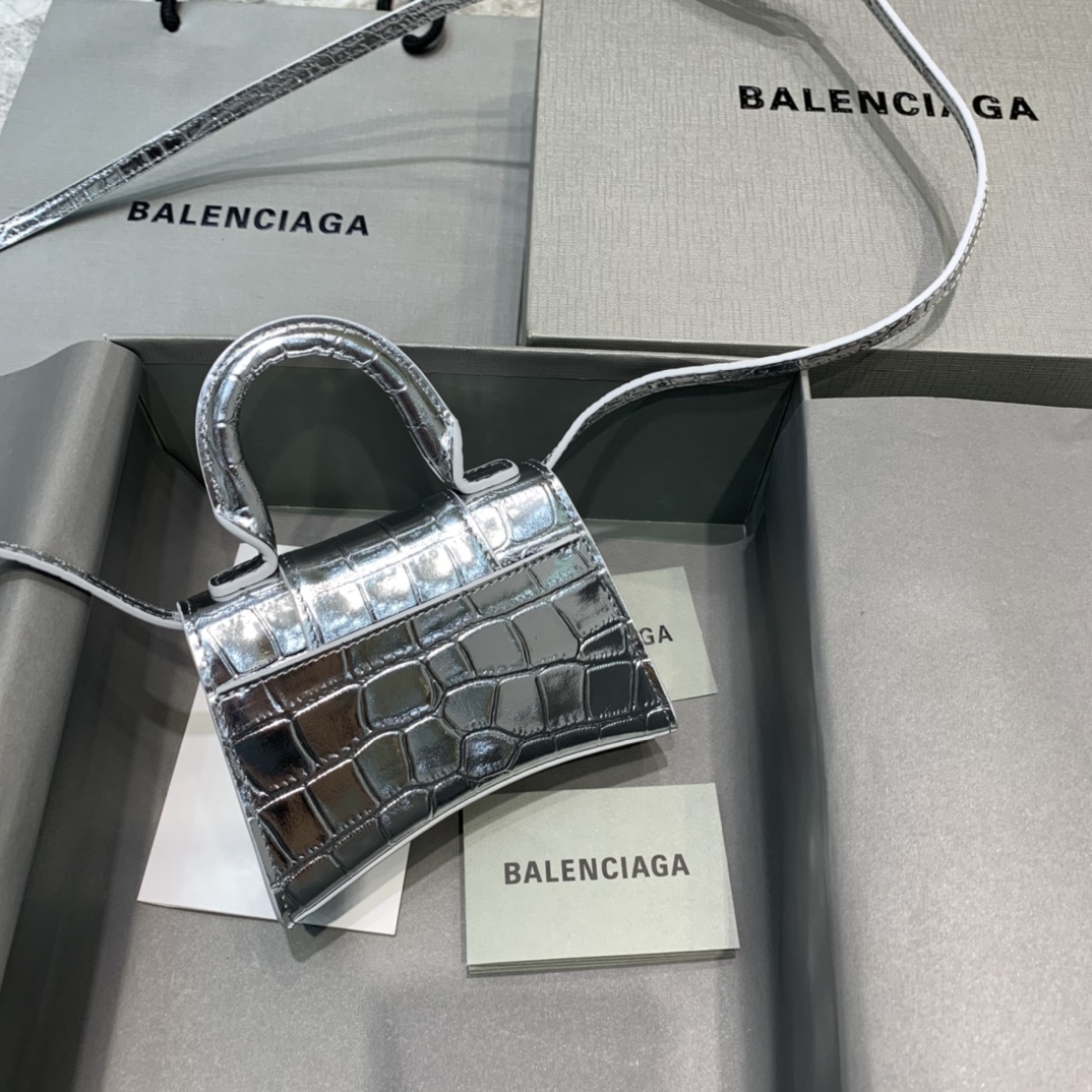 Balenciaga Hourglass Mini Handbag Crocodile Embossed Shoulder Bag Silver 